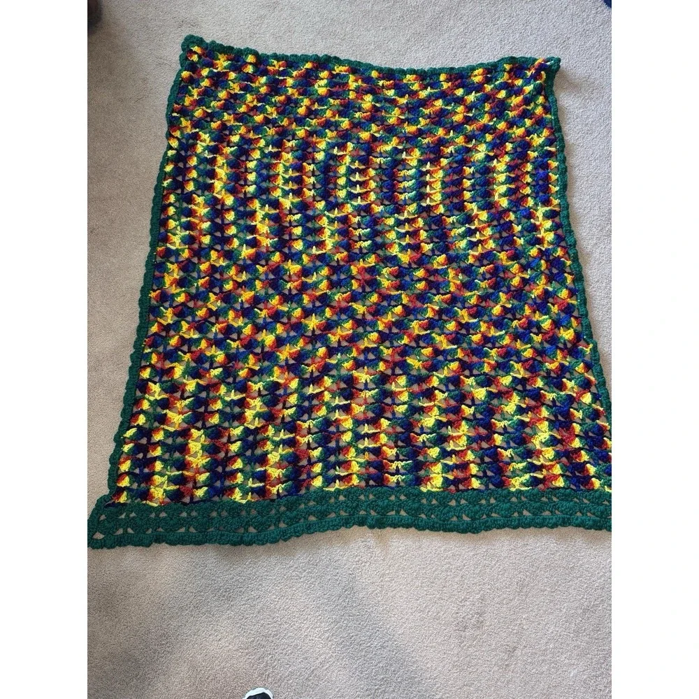 Vintage Granny Crochet Afghan Blanket Black Multi Handmade Approx 47